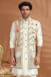 Pearl White Silk Floral Printed and Sequin Worked Jacket Indo Western Set
